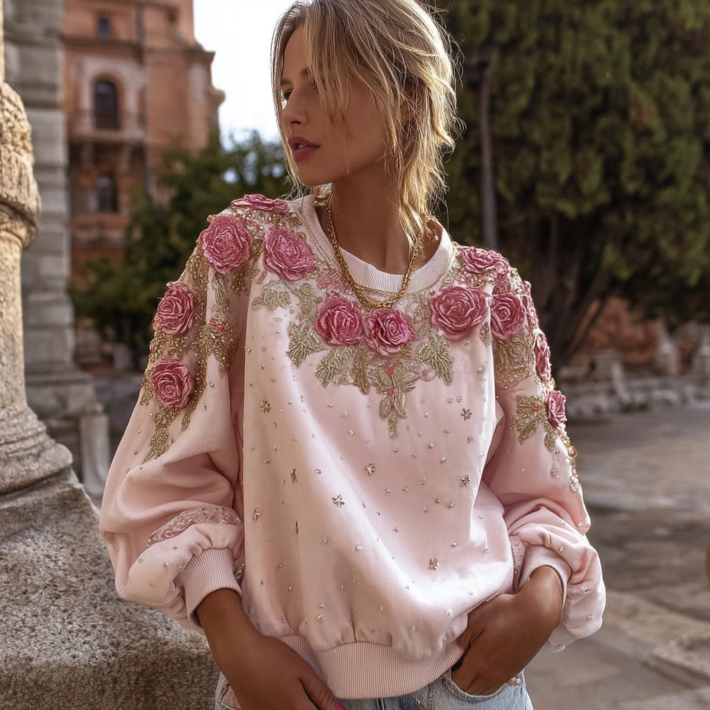 Comstylish Women's Pink Rose Embroidery Art Round Neck Casual Sweatshirt