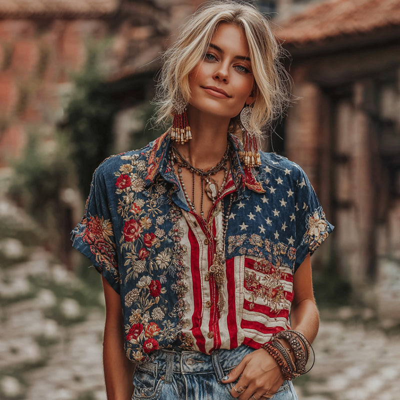 Comstylish Women's Retro Flag Style Embroidered Linen Blend Shirts