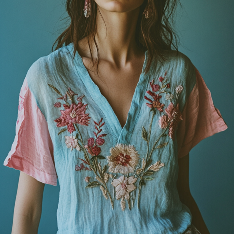 Women's Floral Blue And Pink Embroidery V Neck Casual Linen Top artswardrobe