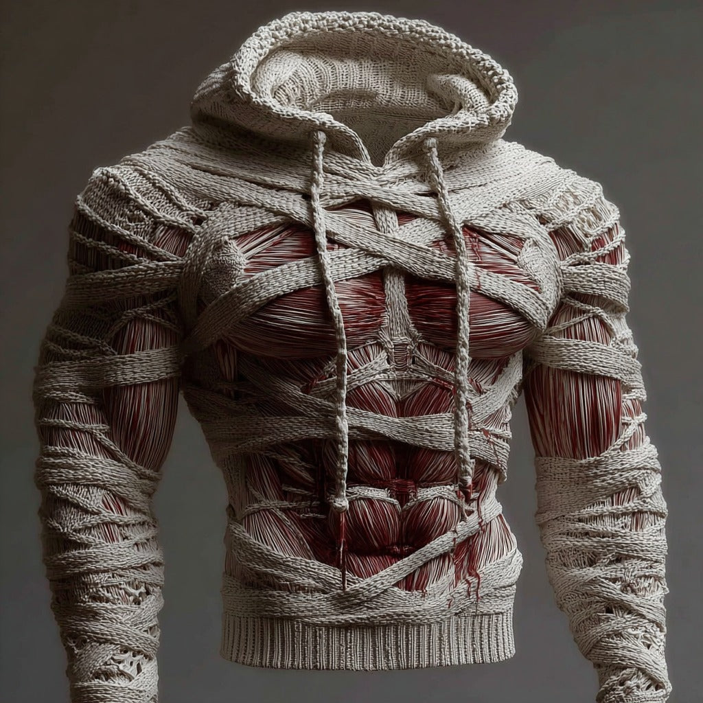 Men's Halloween Bandage Muscle Art Knit Hooded Sweater artswardrobe