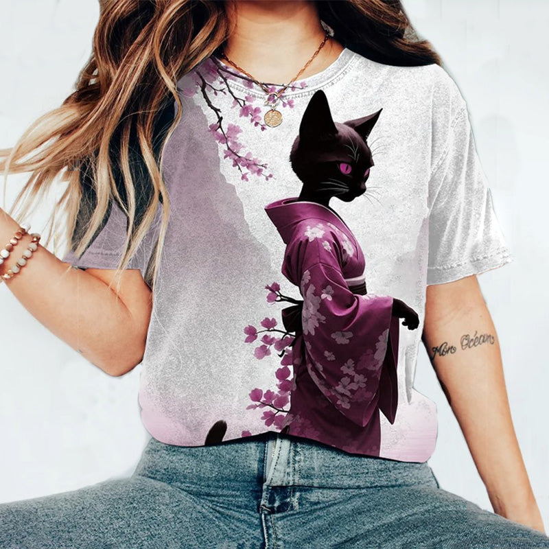 Vintage Elegant Sakura Kimono Cat Japanese Art Round Neck Short Sleeve T-Shirt elevenforest