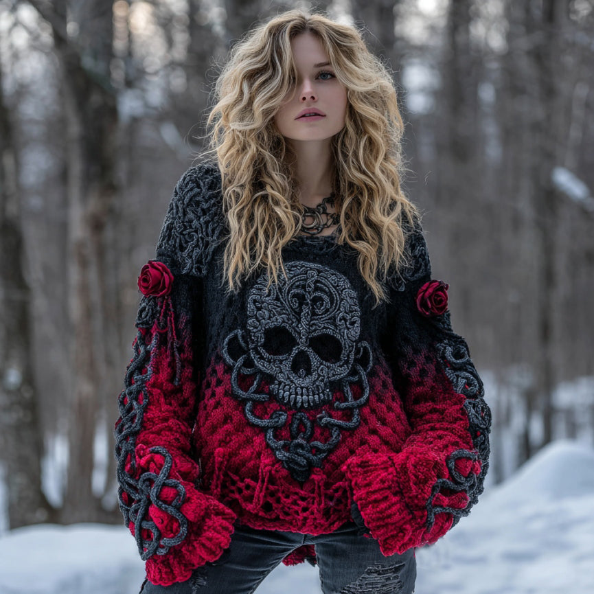 Women's Vintage Tribal Celtic Skull Rose Gradient Art Cozy Knit Sweater elevenforest