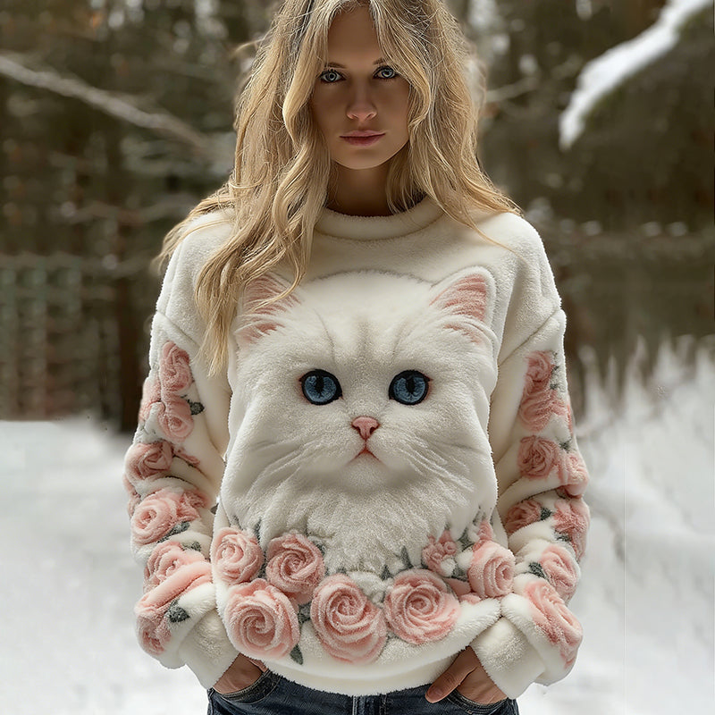 Comstylish Vintage Cute Cat Face With Roses Art Embroidered Art Flannel Warm Sweatshirt