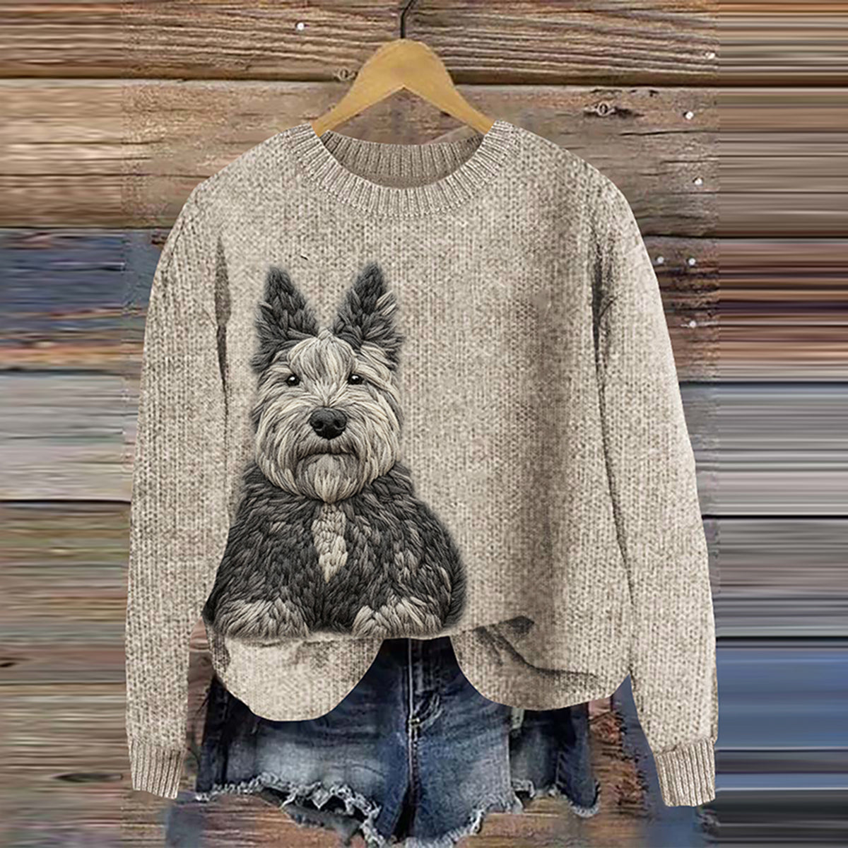 Comstylish Schnauzer Dog Embroidery Art Cozy Knit Sweater