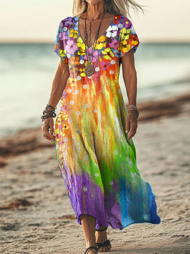 Women's Colorful Oil Painting Floral Print Linen Blend Dress artswardrobe