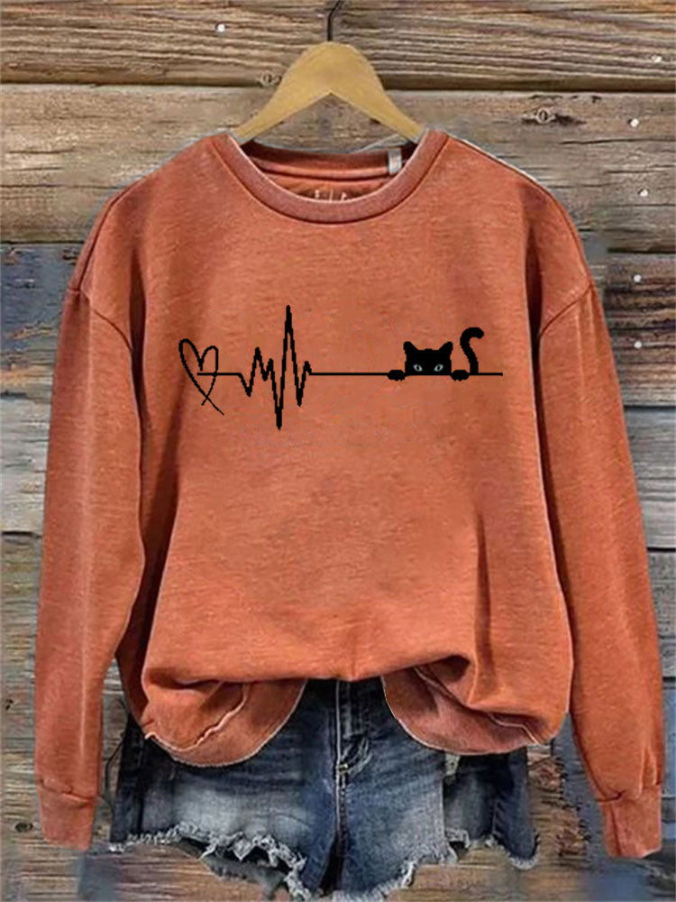 Funny Heart Black Cat Print Sweatshirt artswardrobe