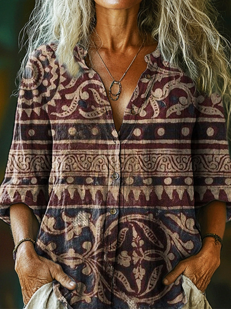 Women's Vintage Ethnic Floral Collage Art Print Casual Cotton Linen Sh