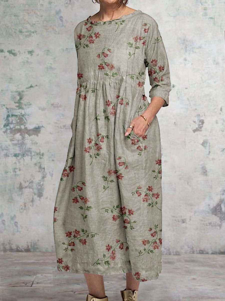 Women's Elegant Floral Classic Round Neck Cotton and Linen Dress