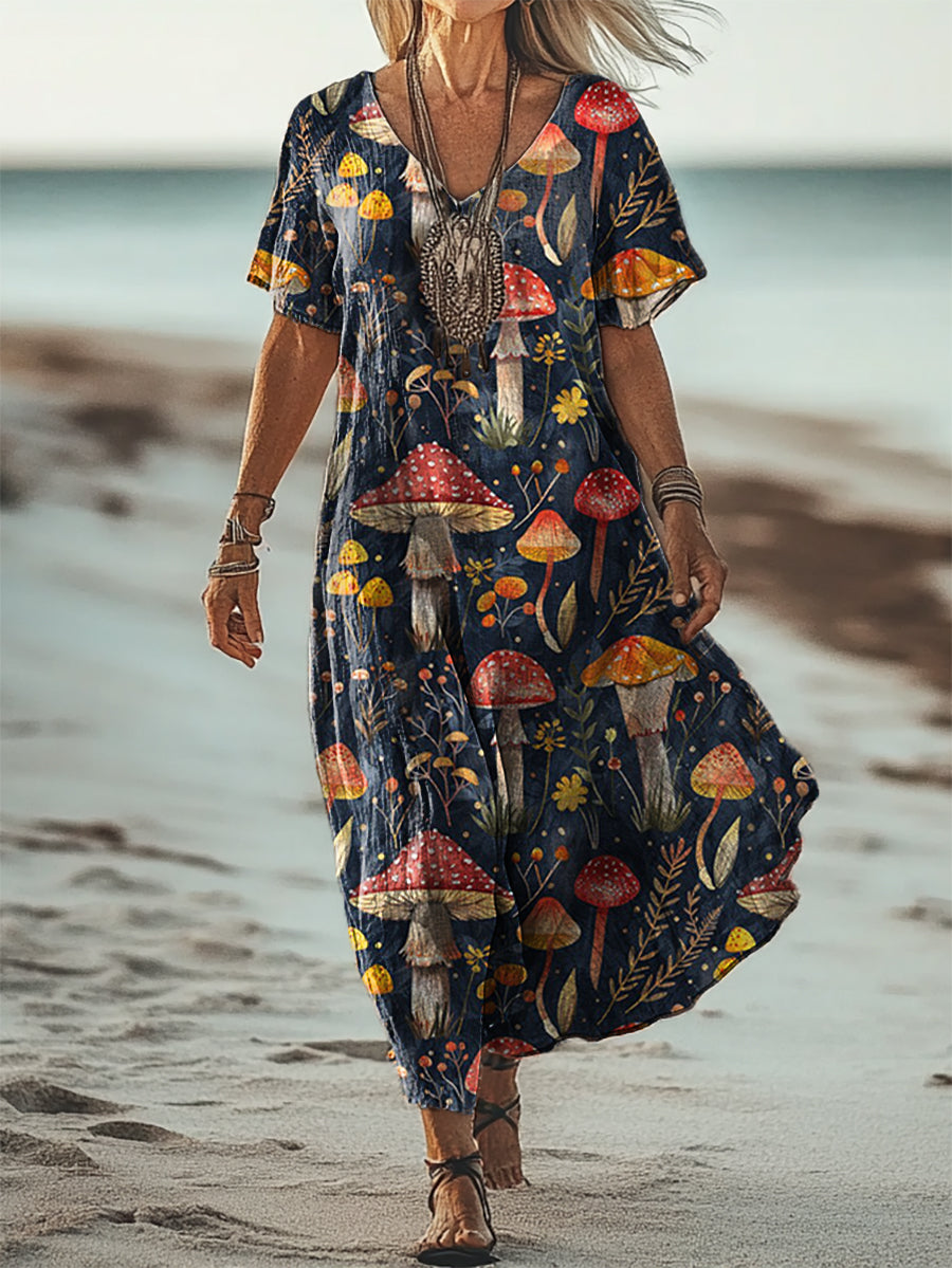 Women's Mushroom Art Patterns Print Short Sleeve Pocket Cotton Linen D