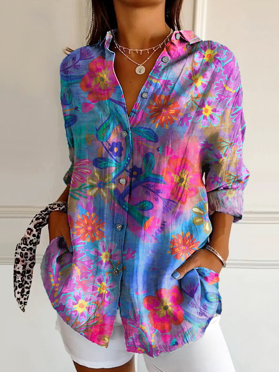 Women's Bohemian Floral Art Print Casual Cotton Shirt