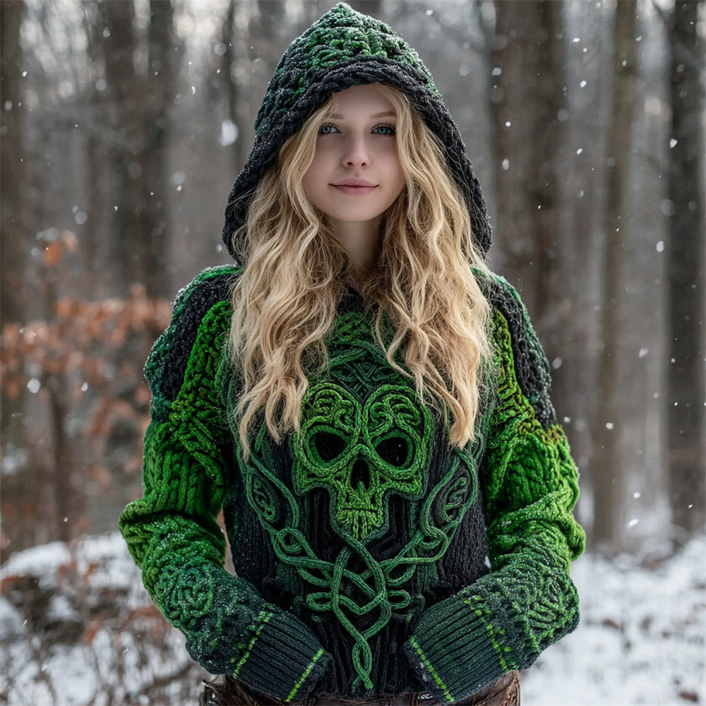 Viking Skull Halloween Women's Hooded Chunky Knit Sweater artswardrobe
