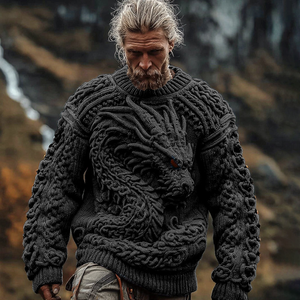 Men's Viking Dragon Celtic Knot Jacquard Chunky Knit Sweater artswardrobe