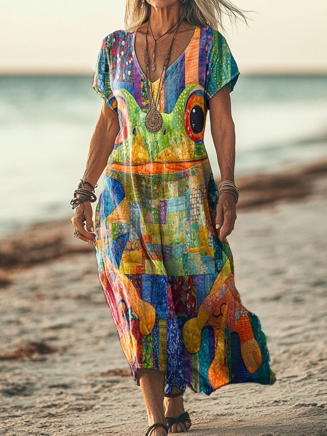 Women's Colorful Tippy Frog Print Pocket Cotton Dress