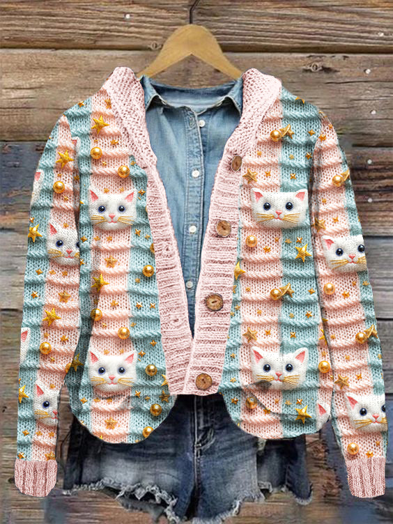 Pastel Christmas Cat Embroidery Pattern Cozy Knit Cardigan elevenforest