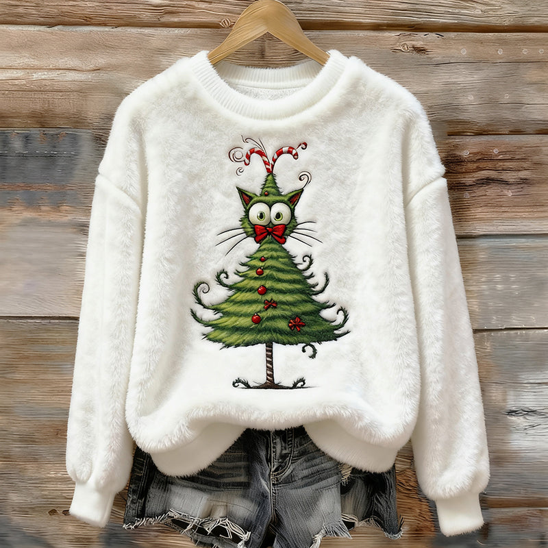 Comstylish Women's Fun Christmas Tree Cat Plush Sweater