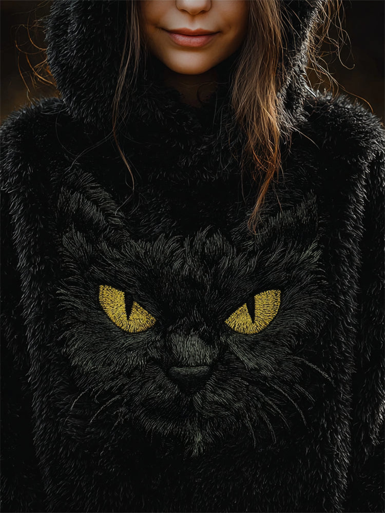 Comstylish Fuzzy Black Cat Face Cozy Plush Hoodie