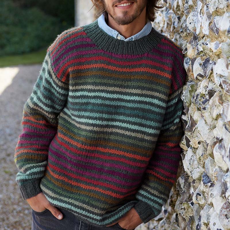 Vintage Rainbow Stripe Knit Jacquard Crew Neck Sweater(Unisex) elevenforest