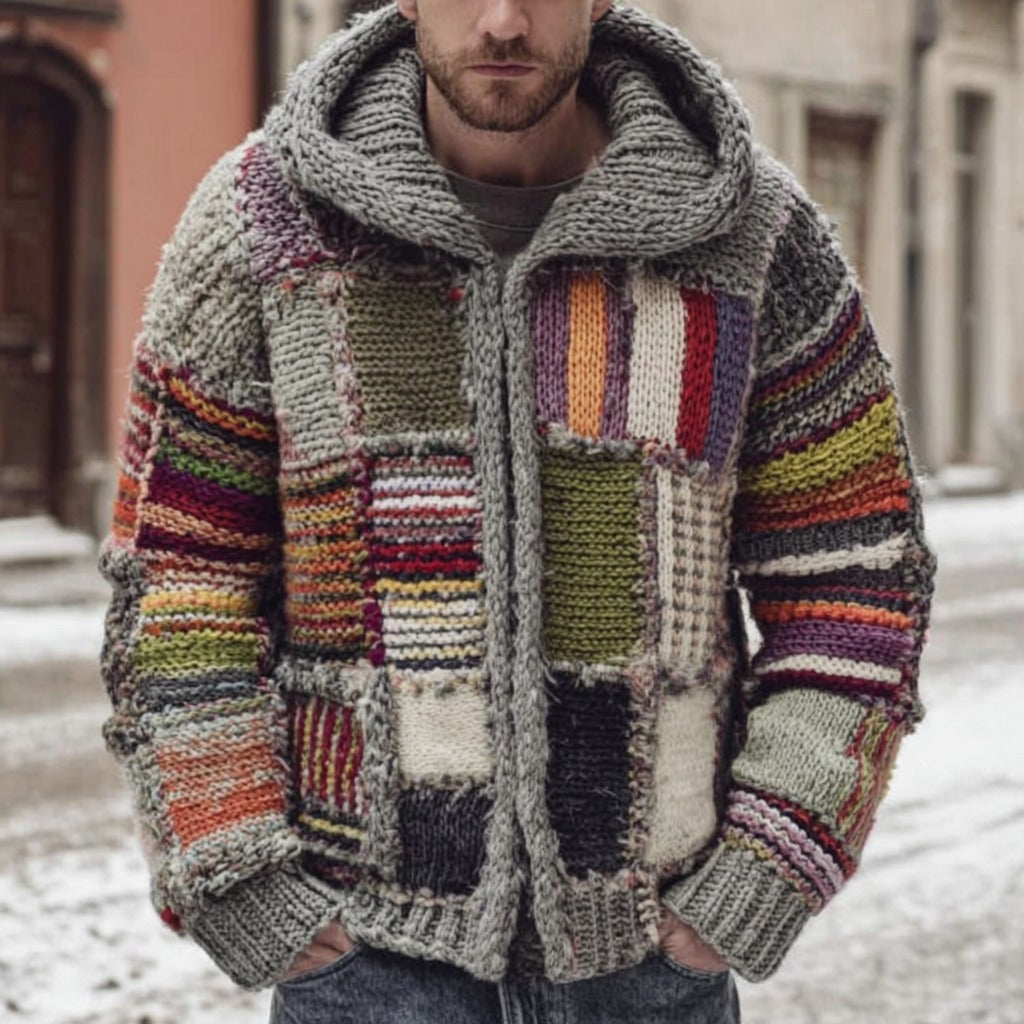 Men's Retro Geometric Colorblock Comfort Knit Zipper Hooded Sweater artswardrobe