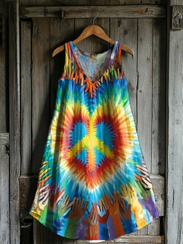 Women's Hippie Tie Dye Love Art Print V-neck Pocket Cotton Dress