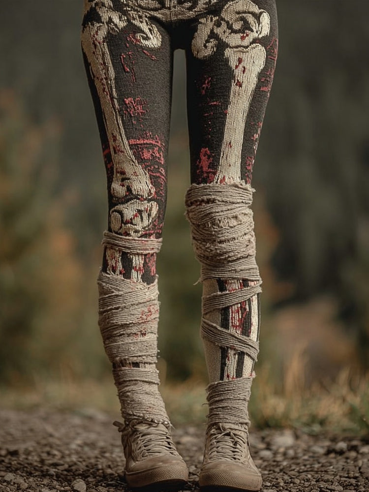 Vintage Halloween Skeleton Bandage Art Cozy Knit Leggings artswardrobe