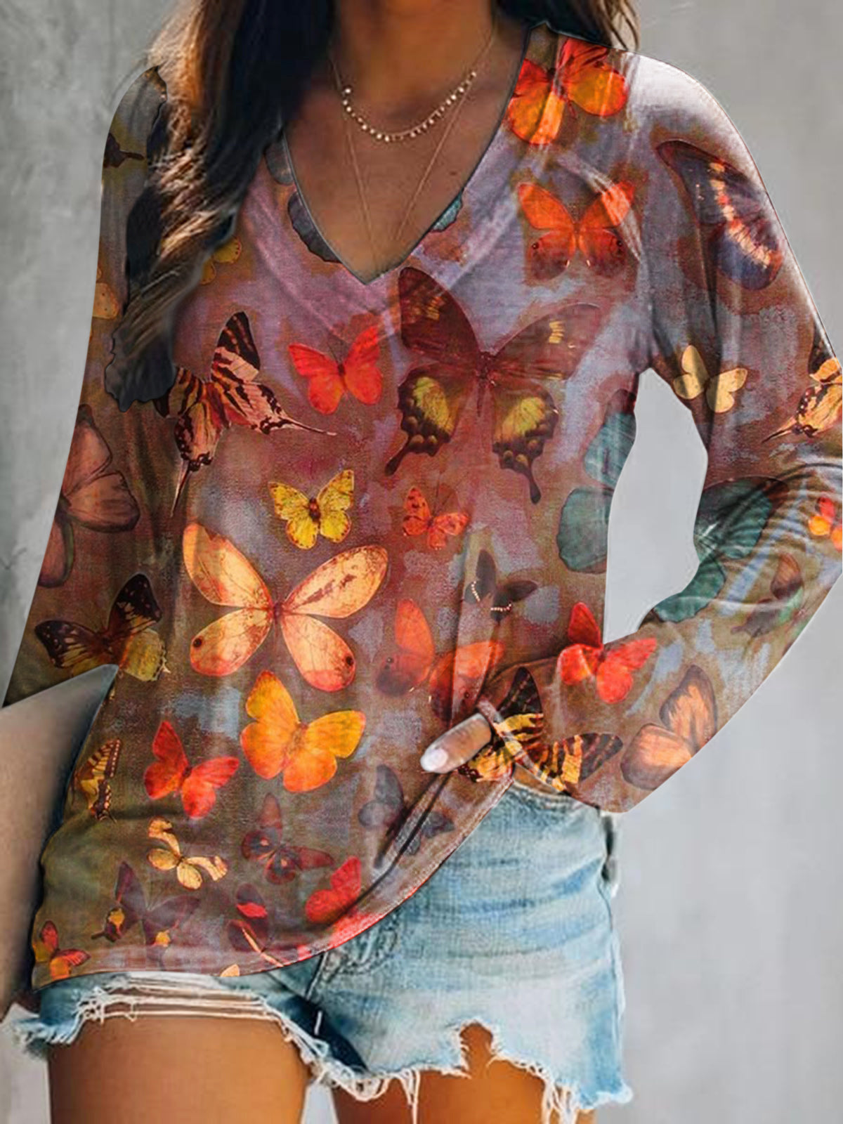 Women's Casual Vintage Butterfly Art Print V Neck Long Sleeve Tops