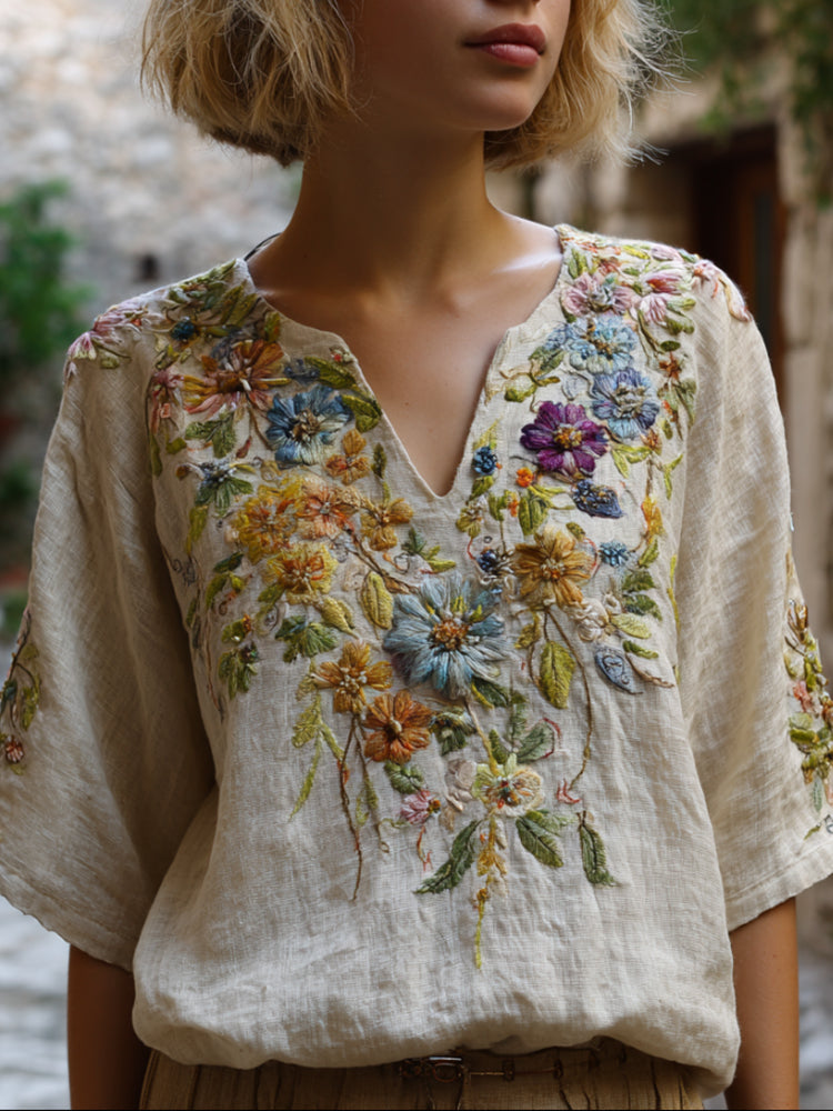 Bohemian Style Three-dimensional Embroidered Flowers And Vines Vintage Cotton And Linen Off-white V-neck Short-sleeved Shirt artswardrobe
