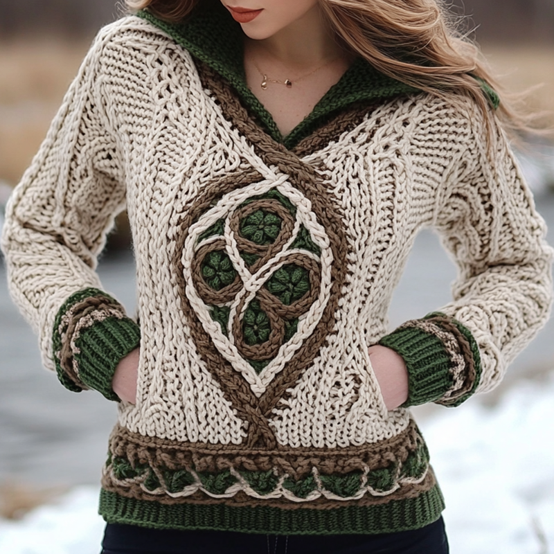 Women's Irish Celtic Knotted Jacquard Pocket Ireland's Hooded Sweater elevenforest