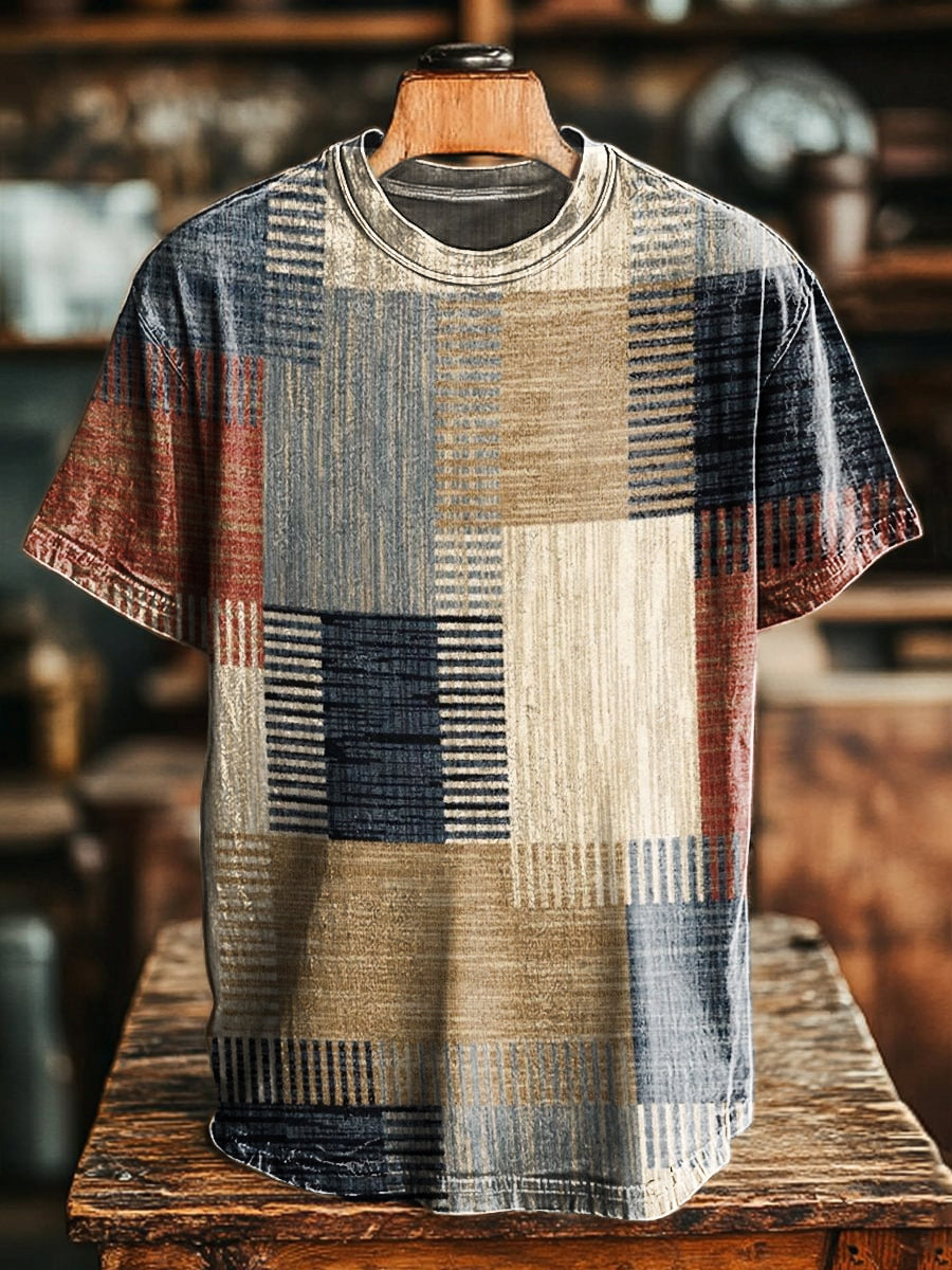 Unisex Retro Ethnic Geometric Art Pattern Print Casual Loose Short Sle