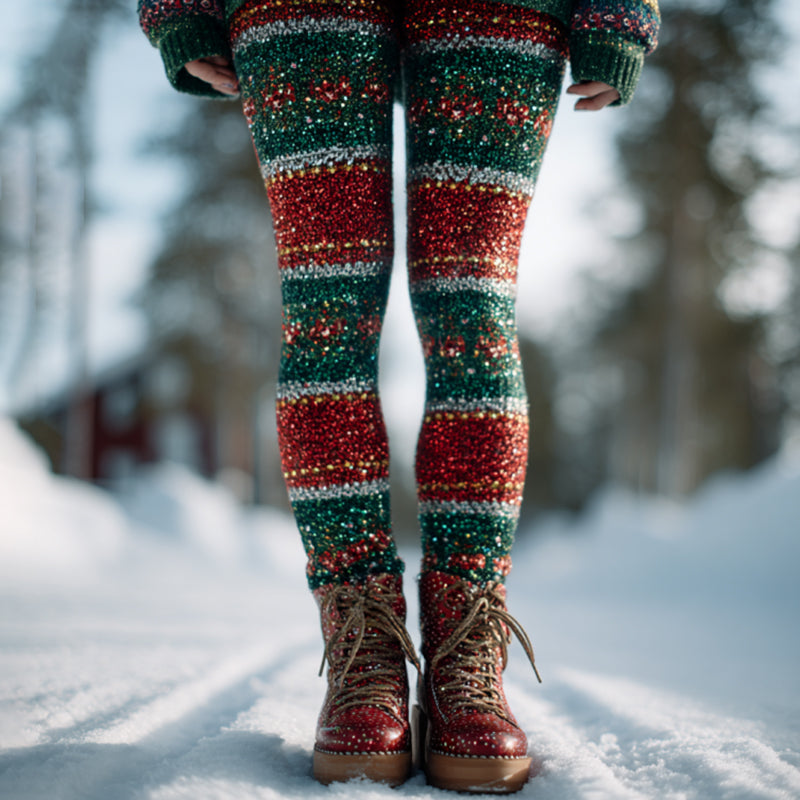 Comstylish Women's Vintage Christmas Tree Pattern Art Print Casual Leggings