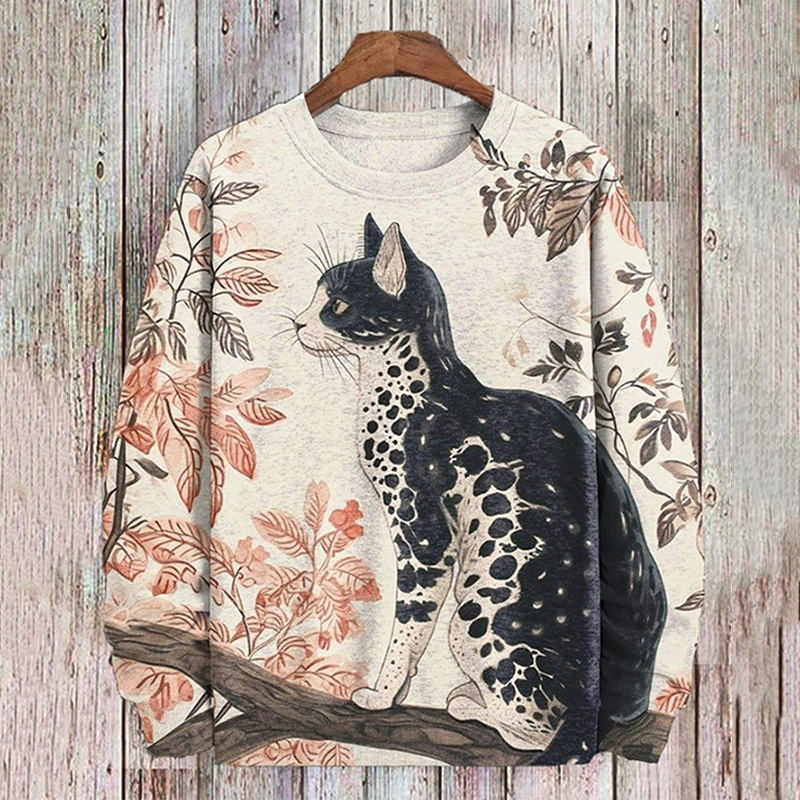 Men's Cat Standing On Tree Art Print Casual Sweatshirt elevenforest