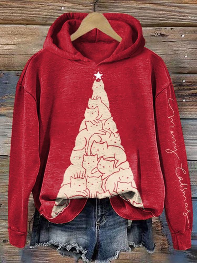 Comstylish Merry Christmas Cute Cat Print Cozy Hoodie