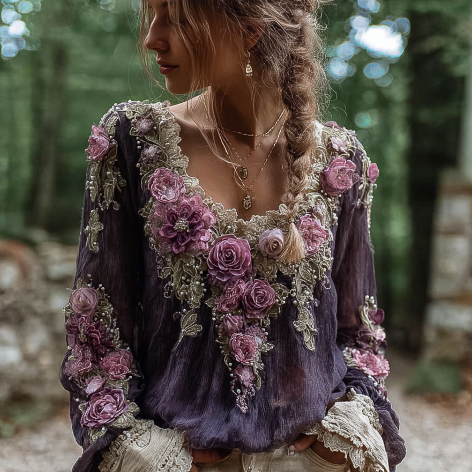 Comstylish Bohemian Style Round Neck Long Sleeve 3d Purple Flower Design Cotton And Linen Top For Women