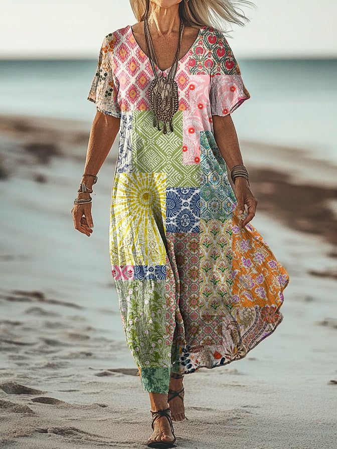 Women's Vintage Floral Patchwork Art Print Pocket Cotton Dress