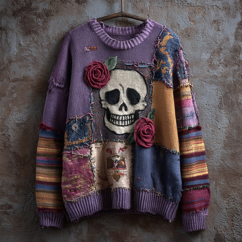 Vintage Skull & Roses Embroidered Patchwork Knitted Sweater artswardrobe