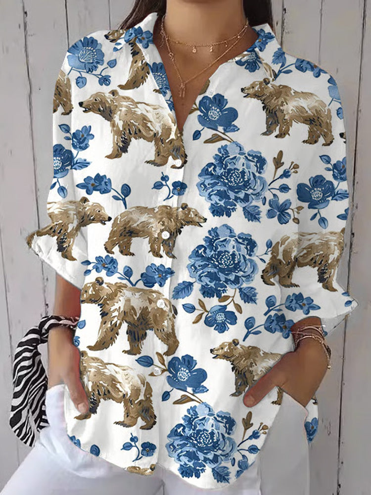 Women's Forest Flowers And Bear Print Casual Lapel Shirt artswardrobe