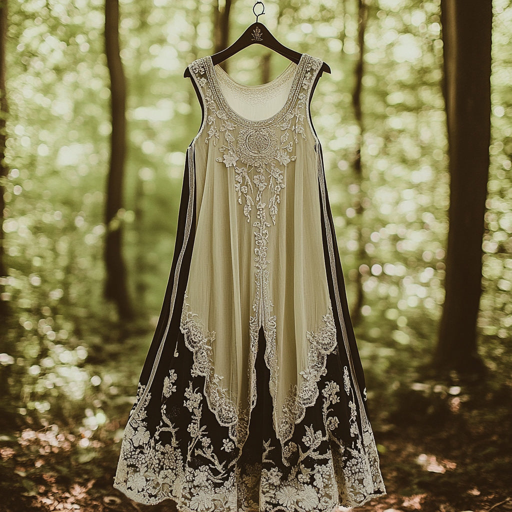 Floral Embroidered Pattern Linen Contrast Color Vest Dress artswardrobe