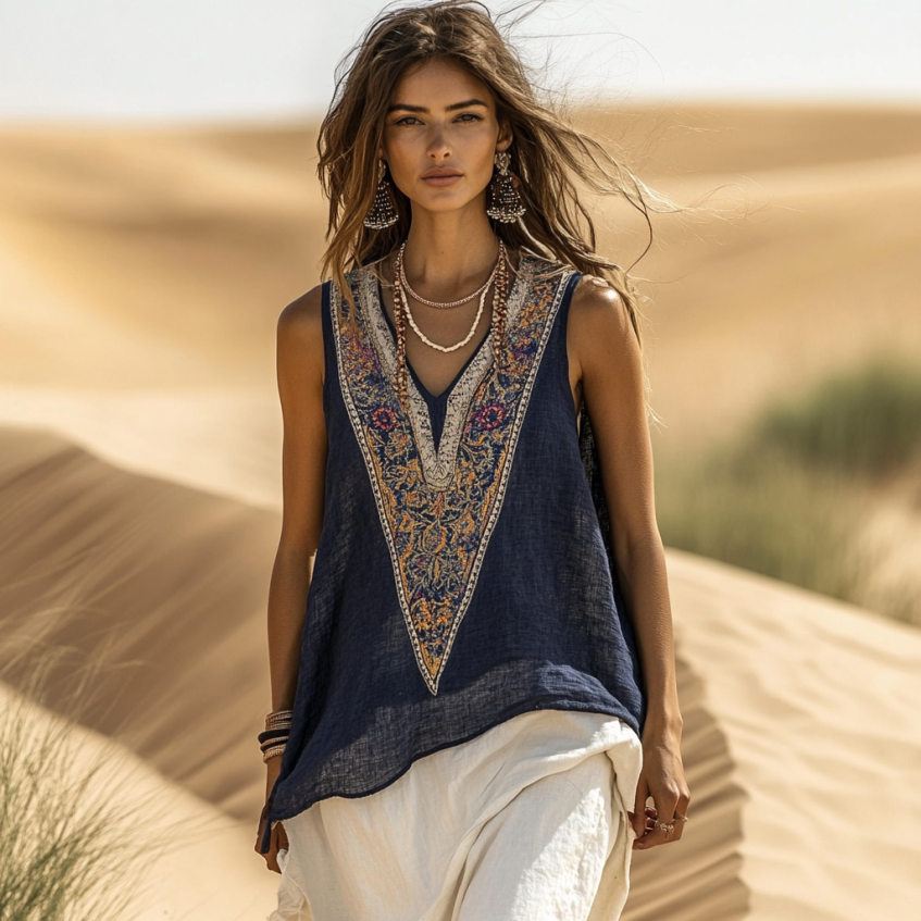 Women's Loose Bohemia Ethnic Style Linen Suspender Sleeveless Top artswardrobe