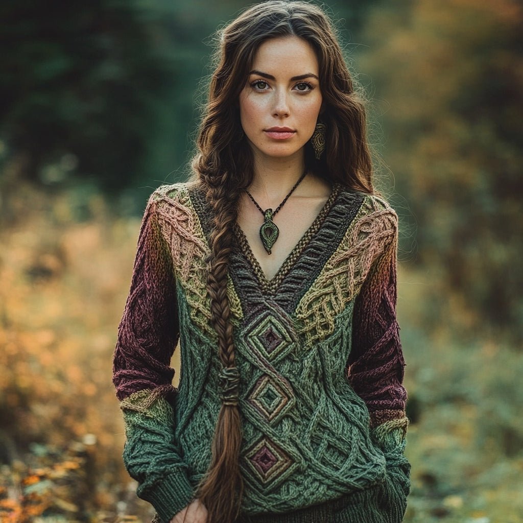 Women's Celtic Knot Design V-neck Forest Gradient Sweater artswardrobe