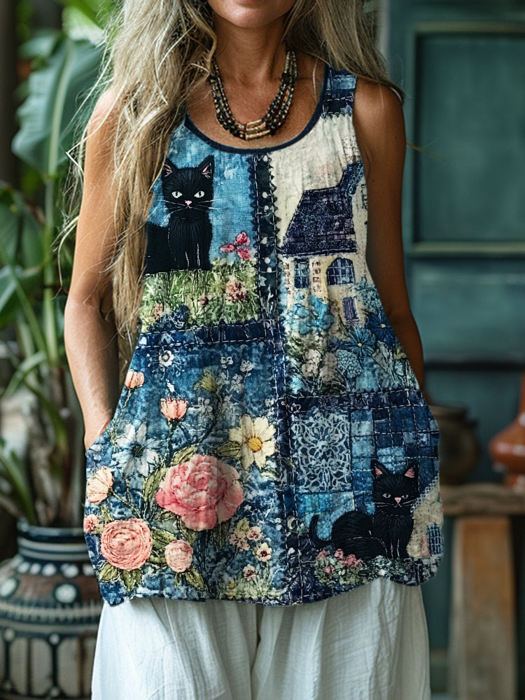 Black Cats Embroidered Cottage Floral Textile Linen Tank Top elevenforest