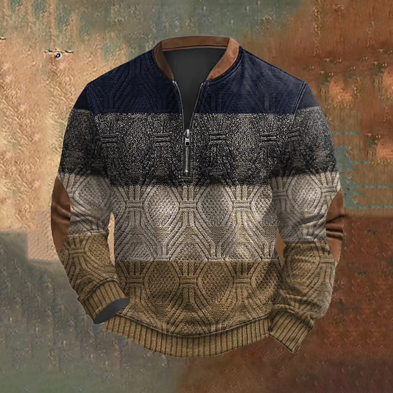 Vintage Patchwork Art Print Men's Zipper Neck Knit Sweatshirt artswardrobe