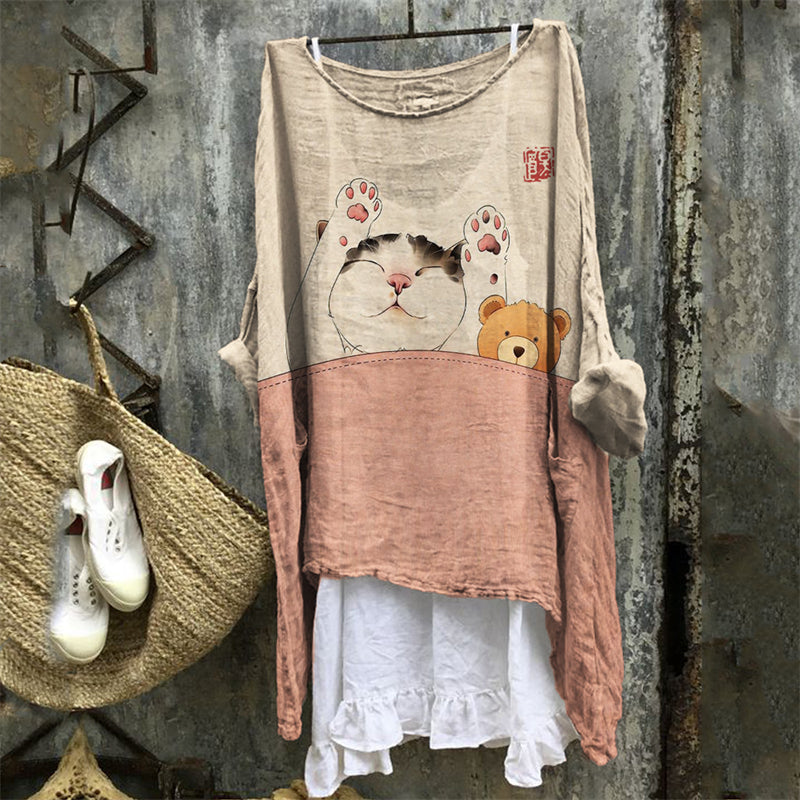 Lovely Sleeping Cat Japanese Art Linen Tunic