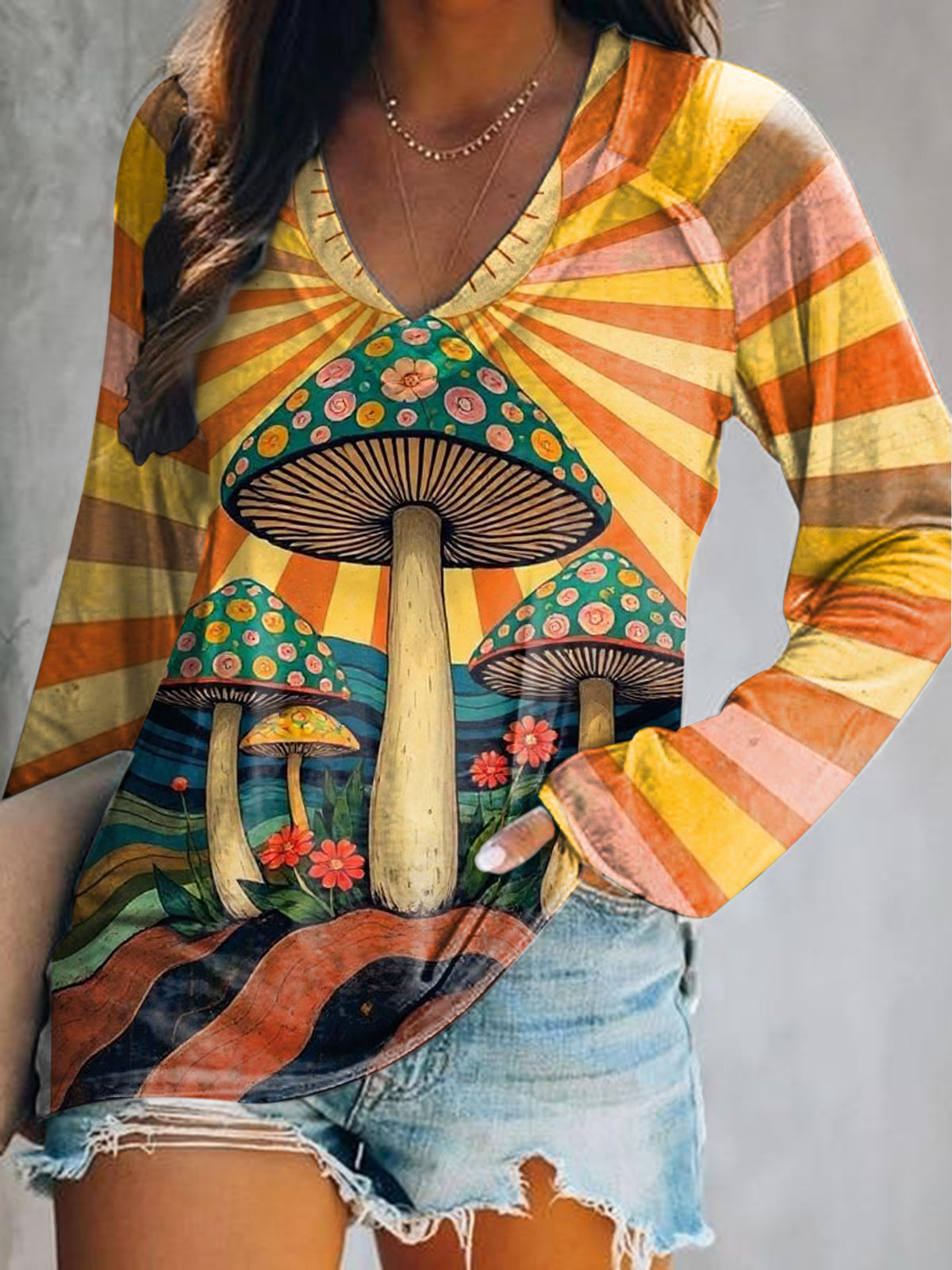 Women's Hippie Art Painting Vintage Print V-Neck Long Sleeve
