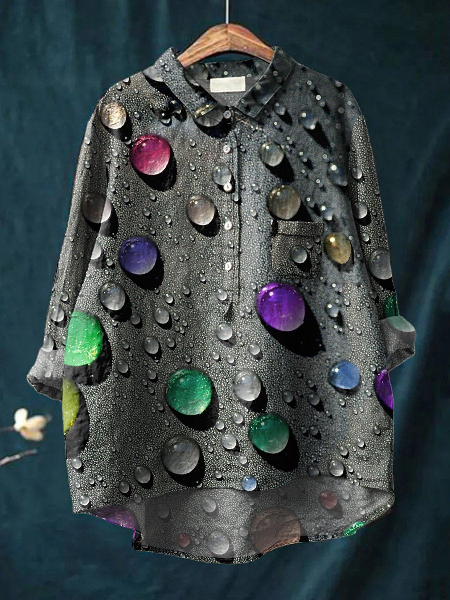 Rainbow Color Water Droplet Art Printed Women's Casual Cotton And Linen Shirt