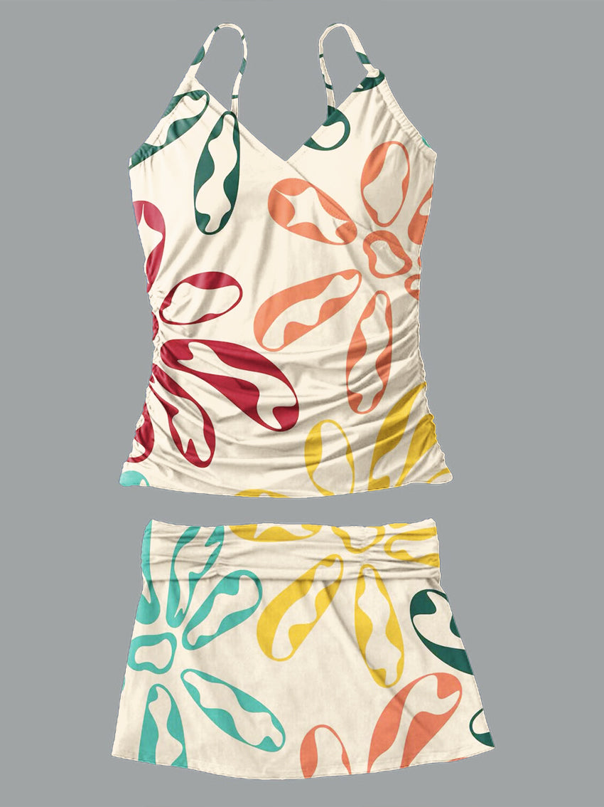 V-Neck Vintage Flowers Print Suspender Skirt Tankini Pantskirt Set Swimsuit