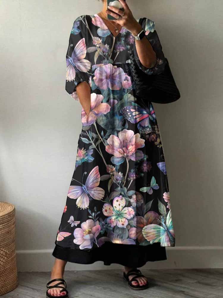 Women's Art Rose Pattern Cotton Dress