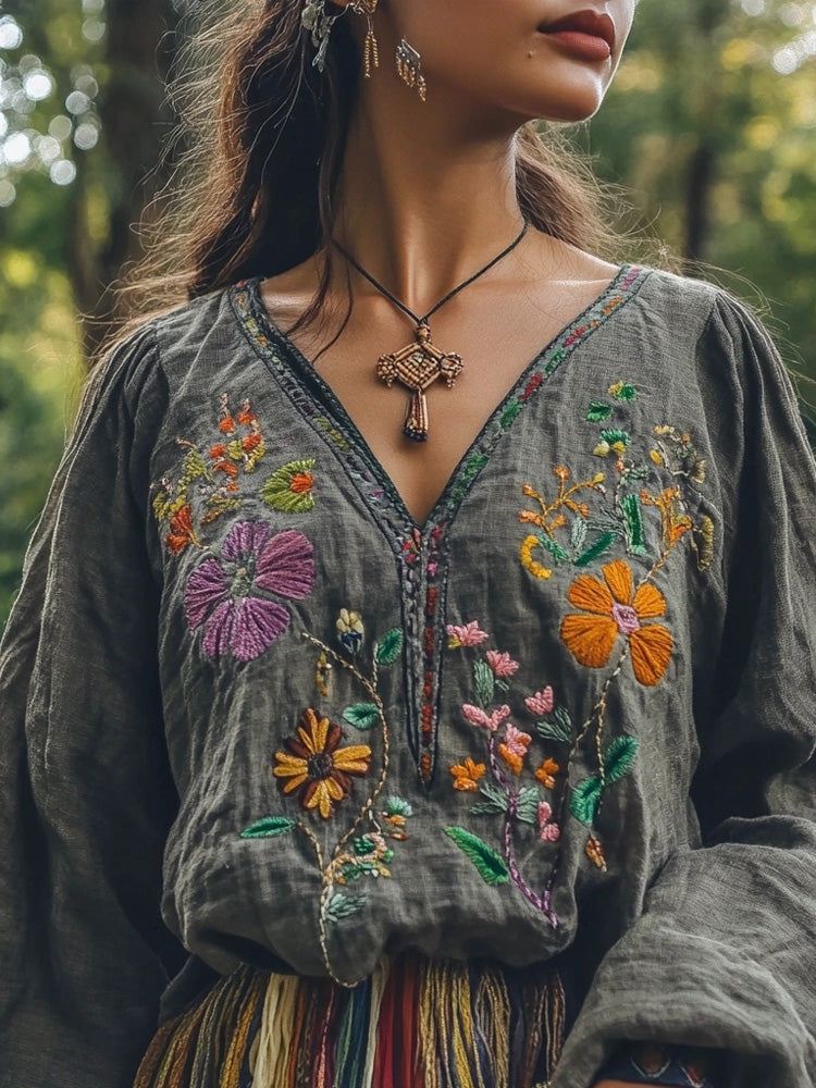 Vintage Boho Floral Embroidered Linen Blend Tunic artswardrobe