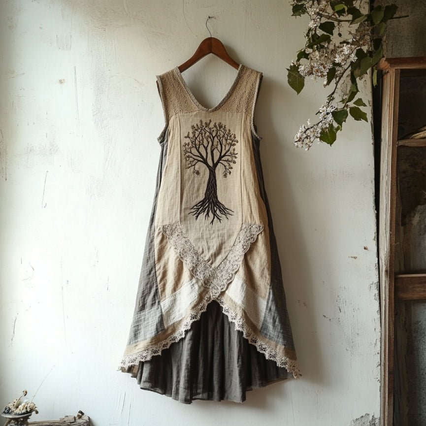 Women's Vintage Viking Tree Of Life Patchwork Lace Art Linen Dress artswardrobe