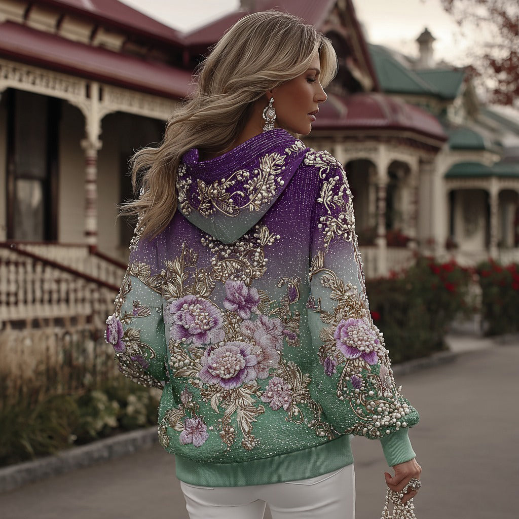 Women's Retro Purple Rose Gradient Art Pattern Casual Hoodie artswardrobe