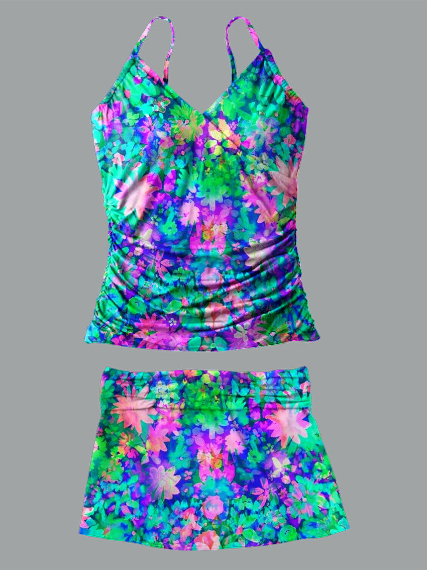 Colorful Flower V-Neck Vintage Flowers Print Suspender Skirt Tankini Pantskirt Set Swimsuit