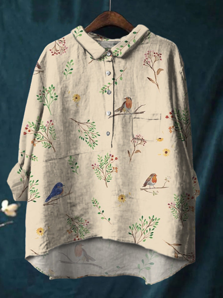 Elegant Ink Painting Of Flowers And Birds Printed Cotton And Linen Shirt